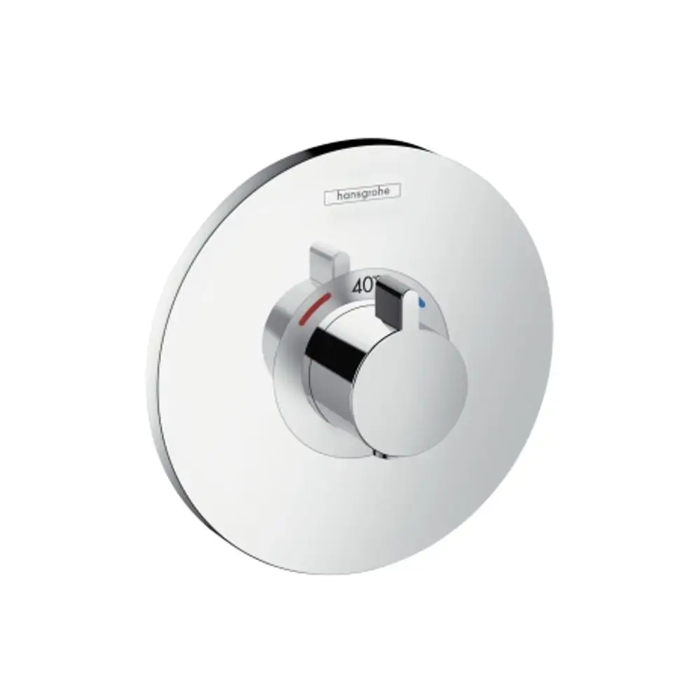 Thermostat von Hansgrohe in Chromfarbe mit zentralem Drehknopf zur Temperatureinstellung und einer Skala für Temperaturmarkierungen.